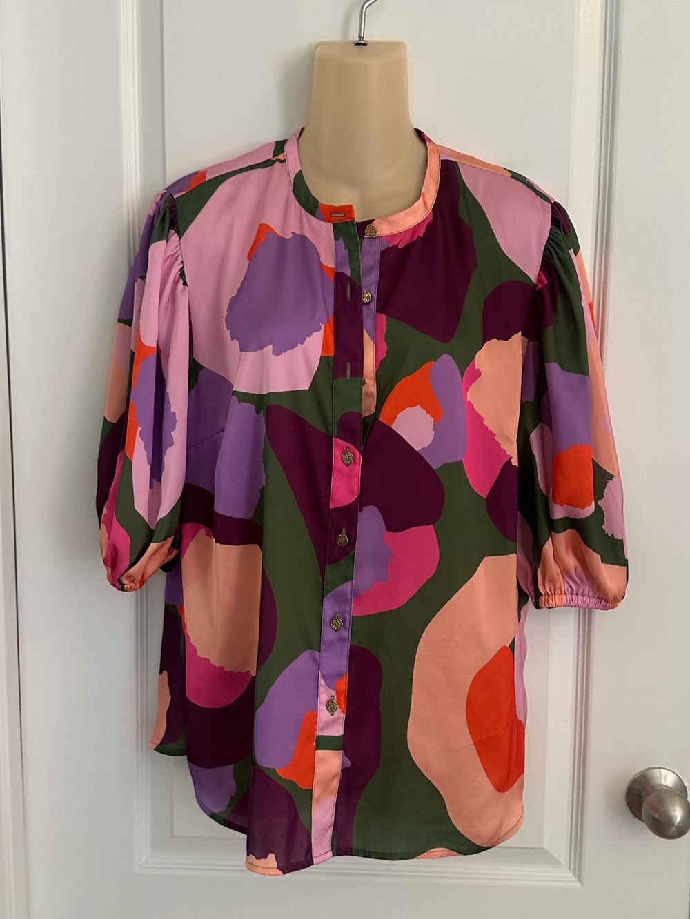 Emily McCarthy Abstract Print Multicolor Blouse Puff Sleeve